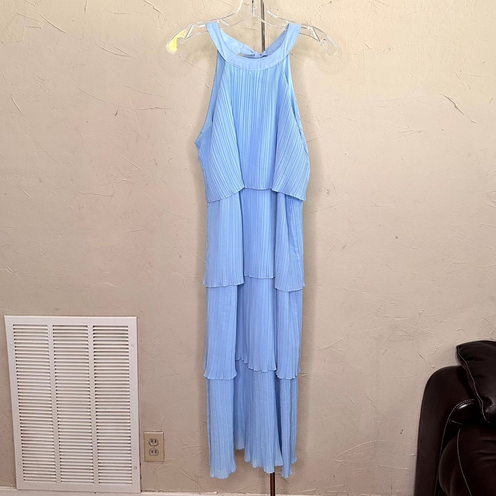 Light Blue Pleated Tiered Halter Midi Dress Women Medium Sleeveless Bow Back